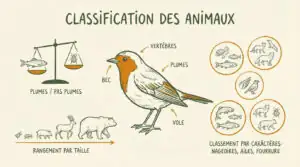 Illustrations d'animaux pour expliquer la classification par taille, plumes, vertèbres et autres caractères distinctifs.