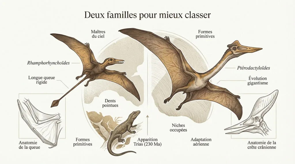 Comparaison morphologique entre les rhamphorhynchoïdes à longue queue et les ptérodactyloïdes géants