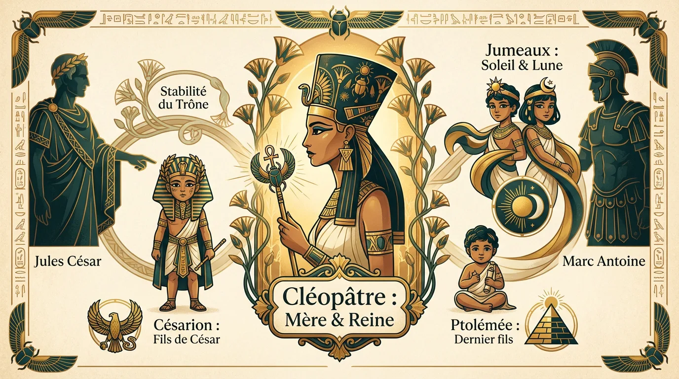 Illustration de Cléopâtre, Jules César, Marc Antoine et ses quatre enfants : Césarion, les jumeaux et Ptolémée.