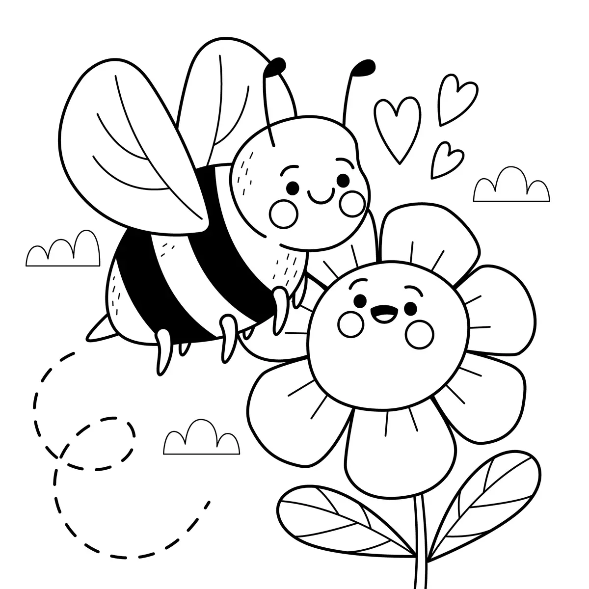 Coloriage abeille kawaii et fleur souriante amies avec petits coeurs a imprimer