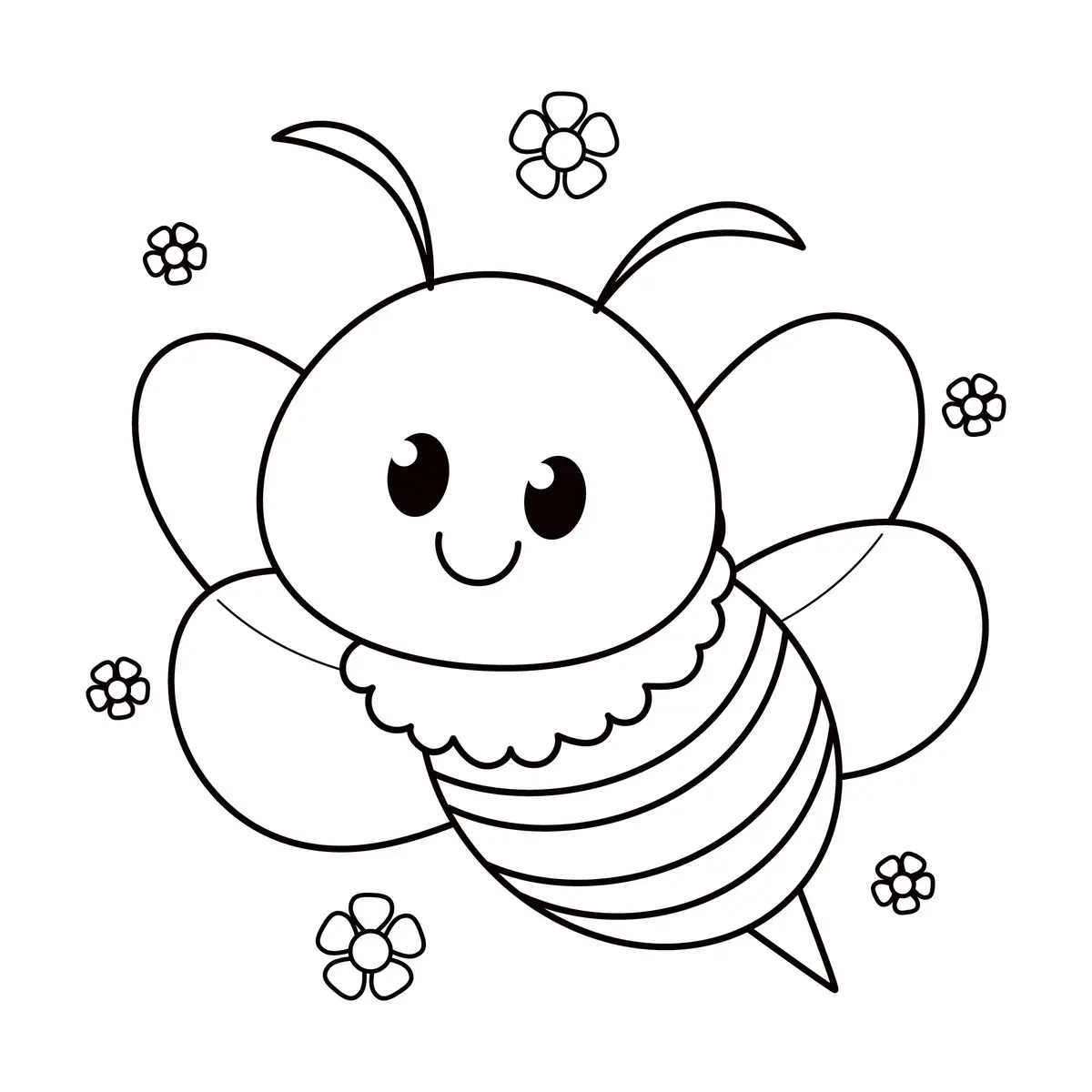 Coloriage abeille kawaii souriante avec petites fleurs a imprimer pour maternelle