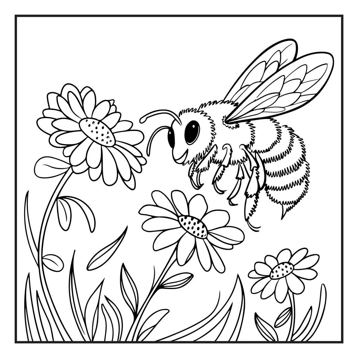 Coloriage detaille d'une abeille volant parmi des marguerites a imprimer