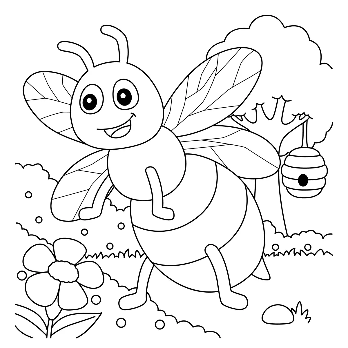 Coloriage abeille cartoon pres d'une ruche dans un jardin fleuri a imprimer