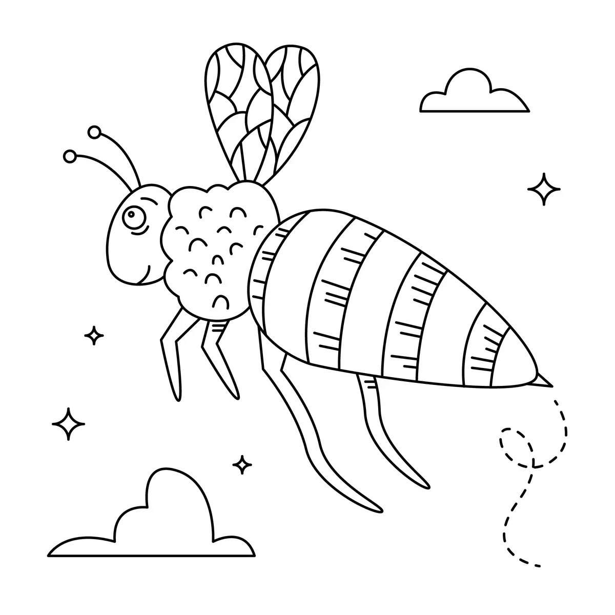 Coloriage abeille stylisee volant dans le ciel avec nuages et etoiles a imprimer