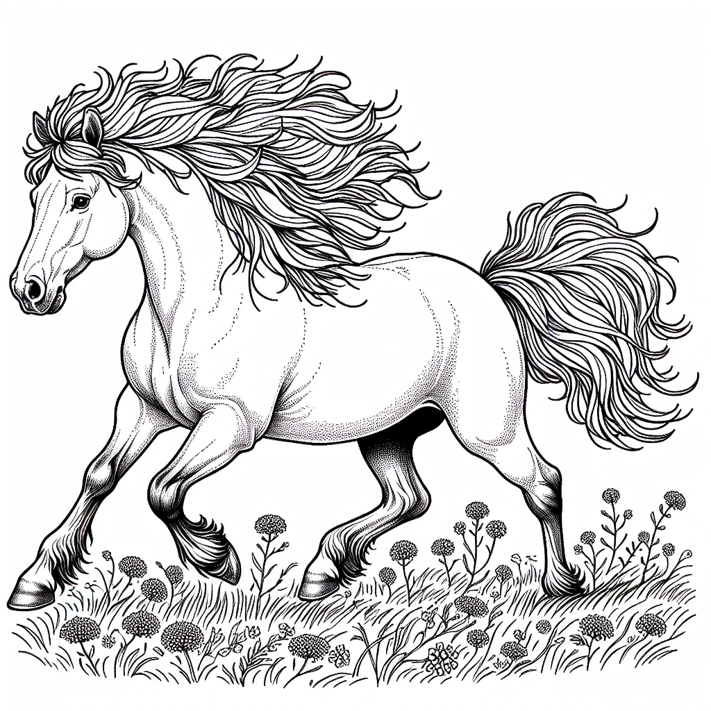 Horse galloping in a meadow mane flowing in the wind coloring page for kids a imprimer