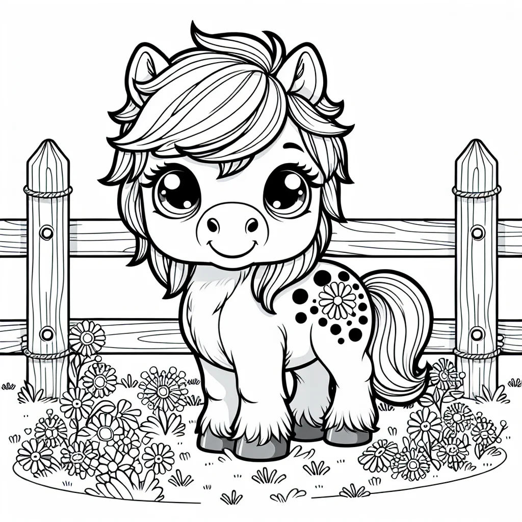 Cute little pony in a meadow with fence coloring page for kids a imprimer