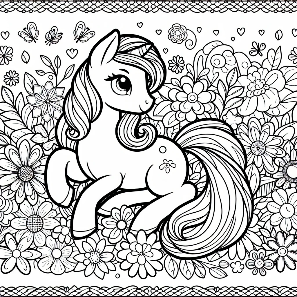 Pony surrounded by spring flowers coloring page for kids a imprimer