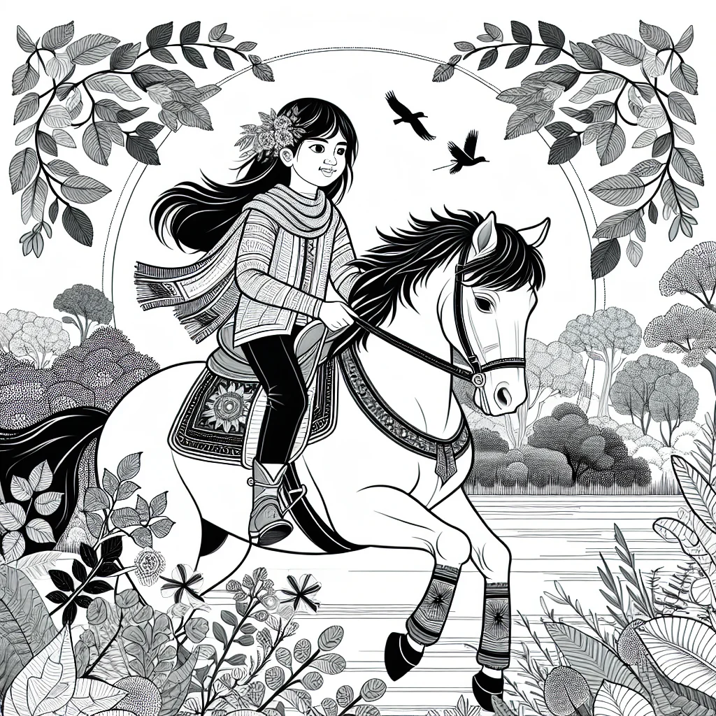 Young girl horseback riding in nature coloring page for kids a imprimer