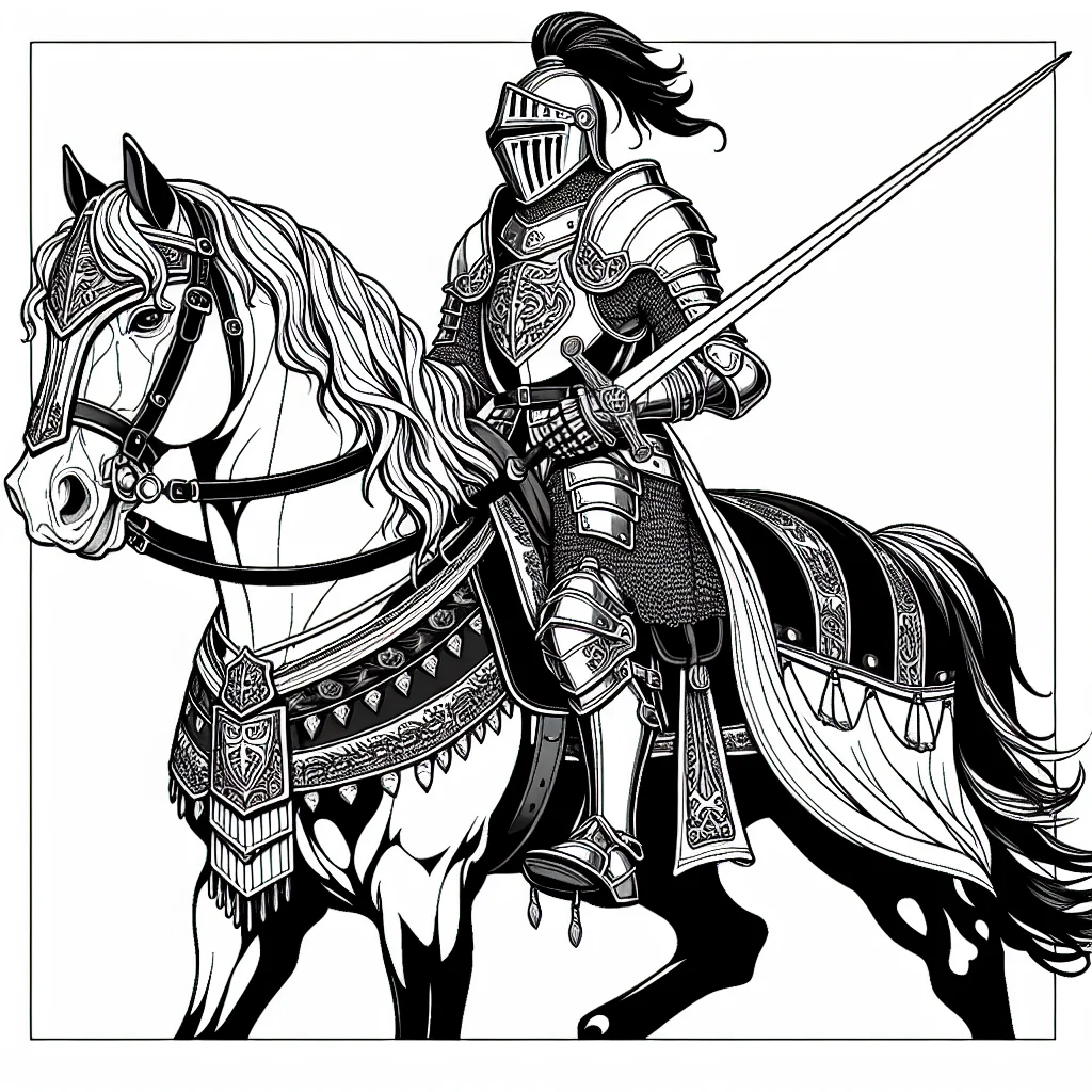Knight in armor on a warhorse medieval style coloring page for kids a imprimer