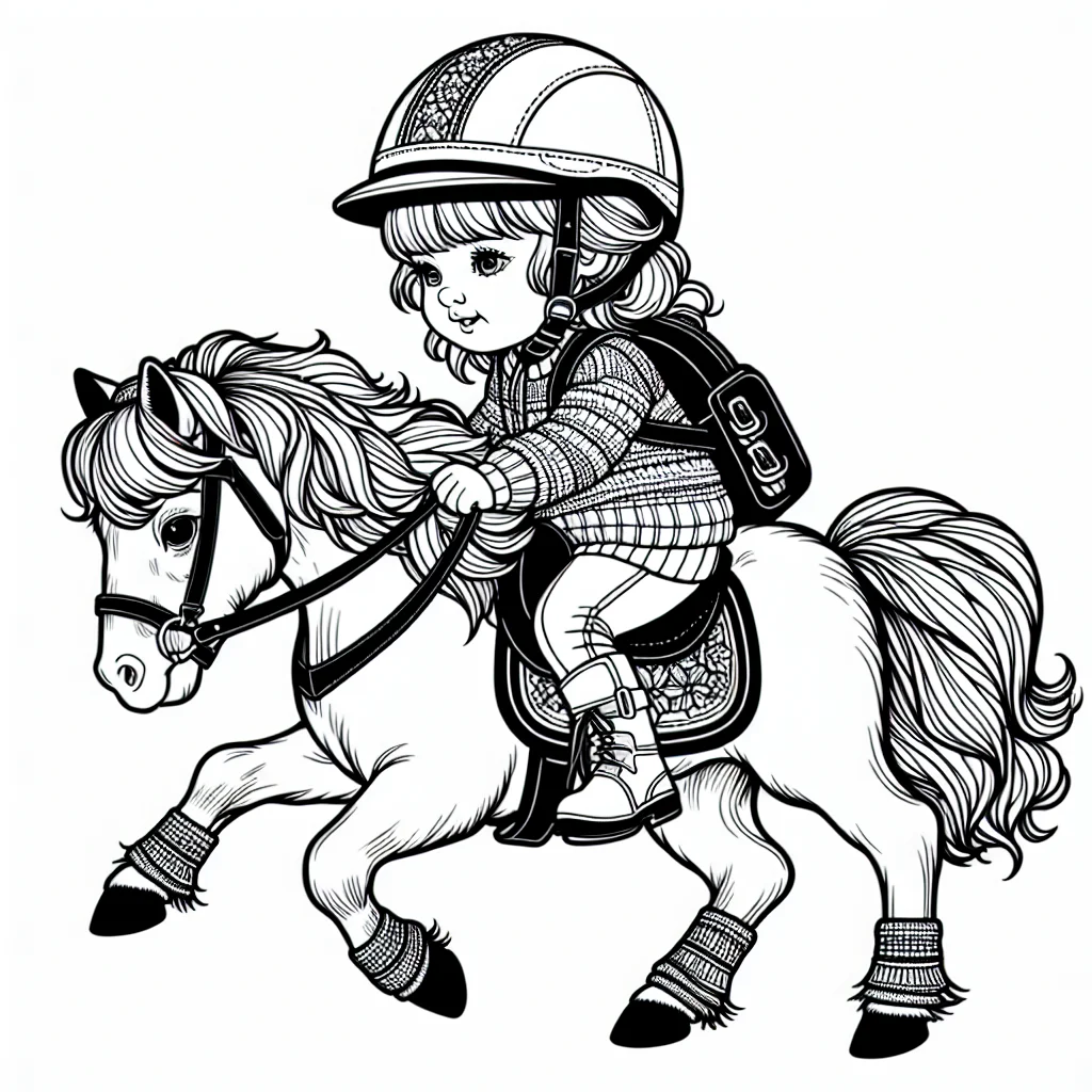 Child on a pony ride wearing helmet coloring page for kids a imprimer