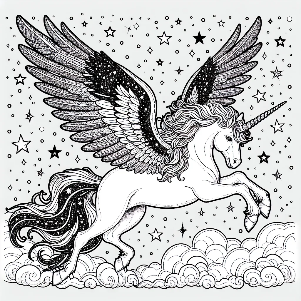 Winged unicorn majestic with horn and wings in starry sky coloring page for kids a imprimer