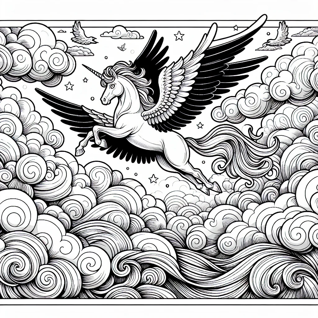 Mythical pegasus flying above clouds coloring page for kids a imprimer