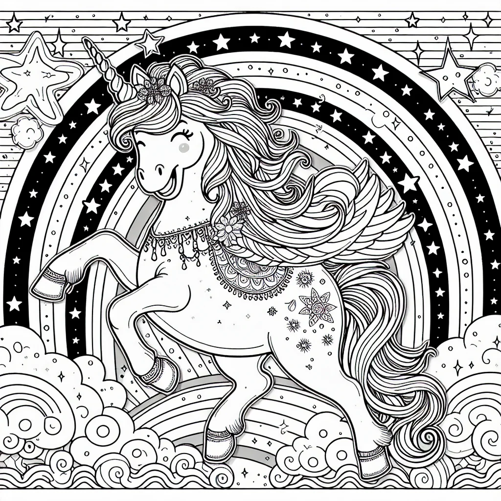 Joyful unicorn with rainbow and stars coloring page for kids a imprimer