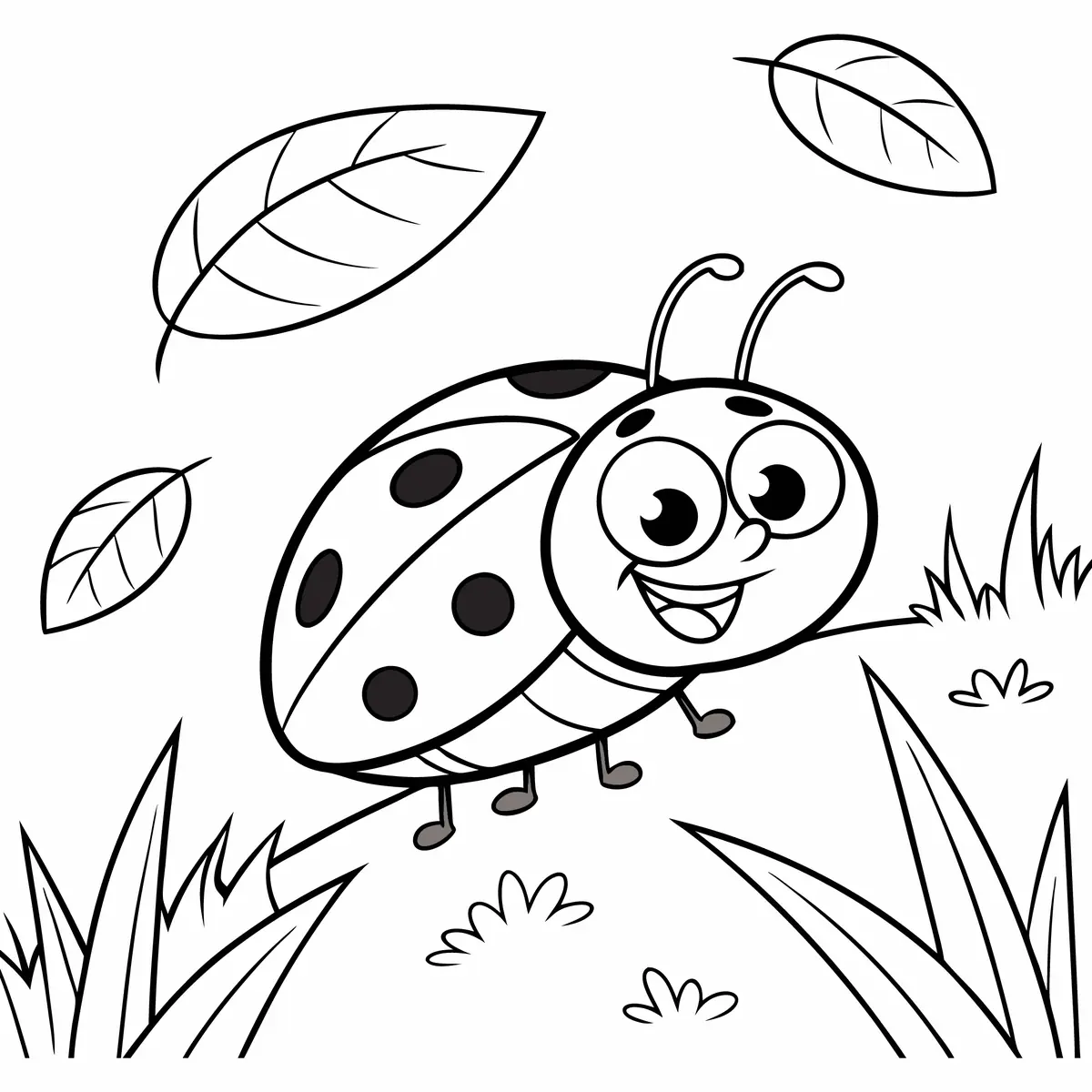 Coloriage coccinelle cartoon souriante dans l'herbe avec feuilles a imprimer