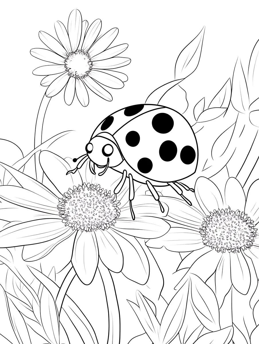 Coloriage detaille coccinelle sur marguerites avec feuilles et herbes a imprimer