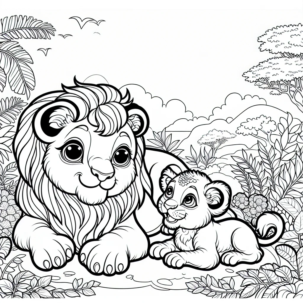 Nala and Simba playing together in the savanna coloring page for kids a imprimer