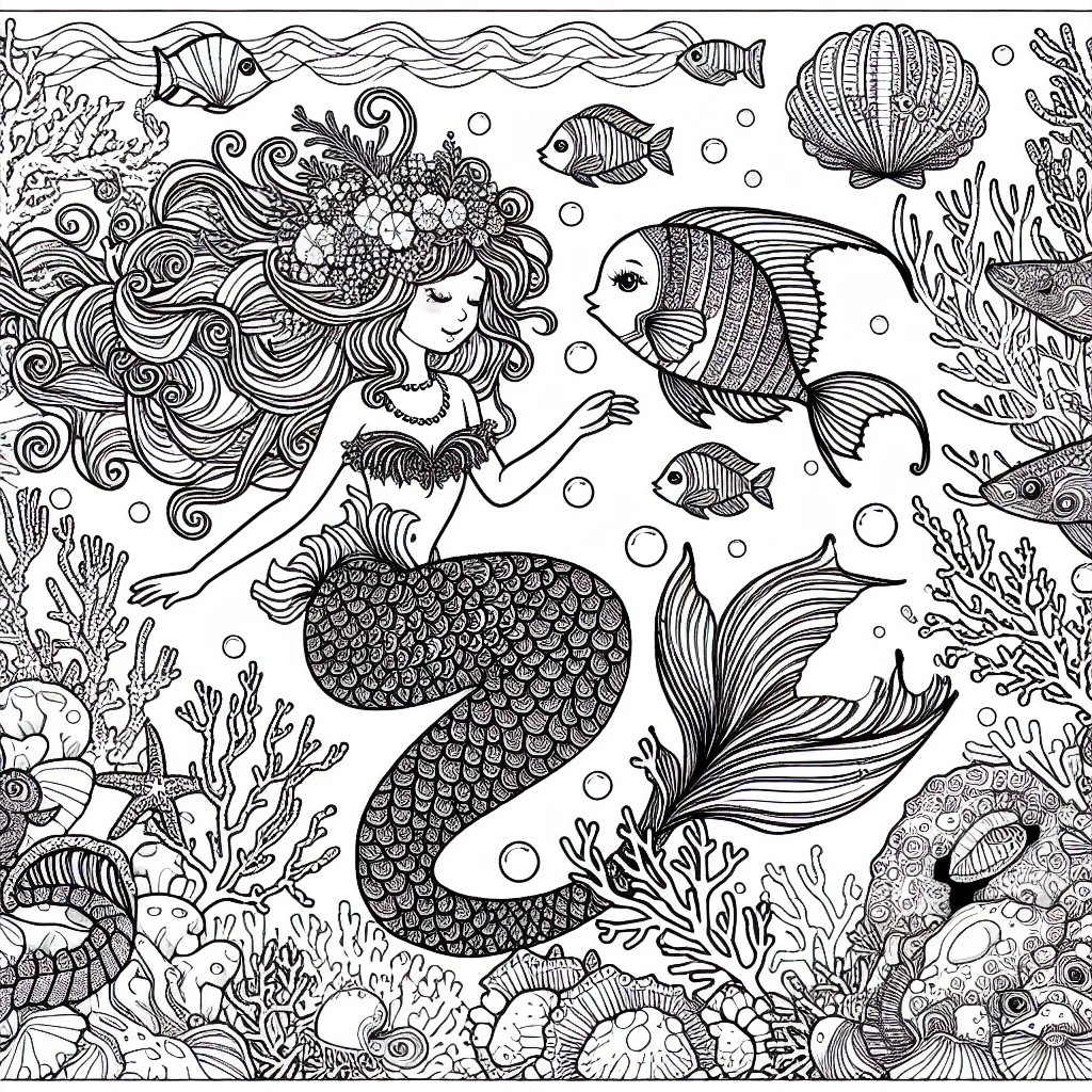 Ariel and Flounder surrounded by corals and fish coloring page for kids a imprimer