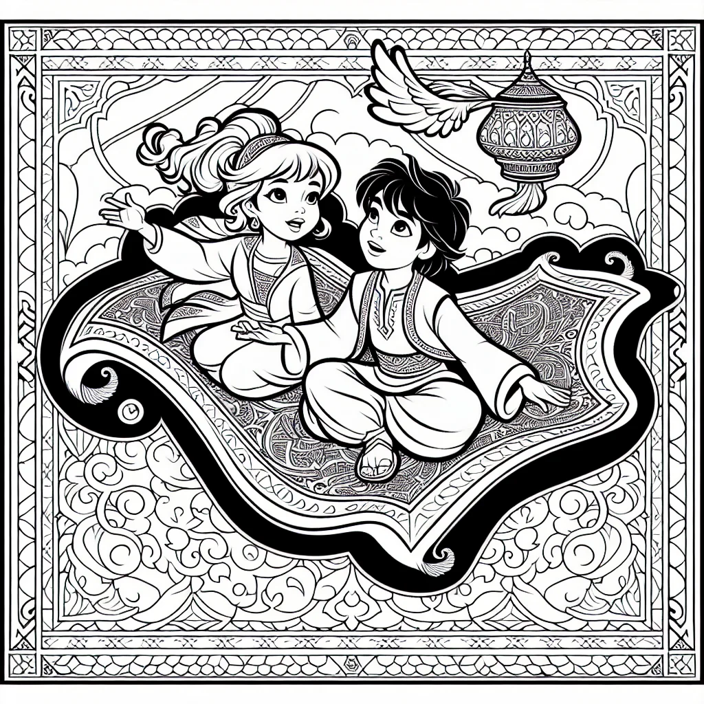 Aladdin and Jasmine on a magic carpet coloring page for kids a imprimer