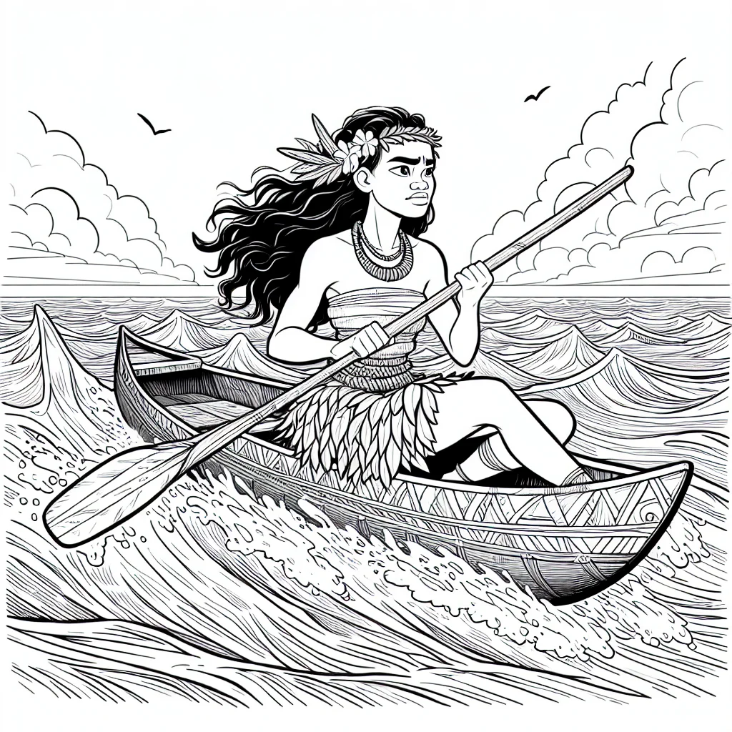 Moana on her canoe on the ocean coloring page for kids a imprimer