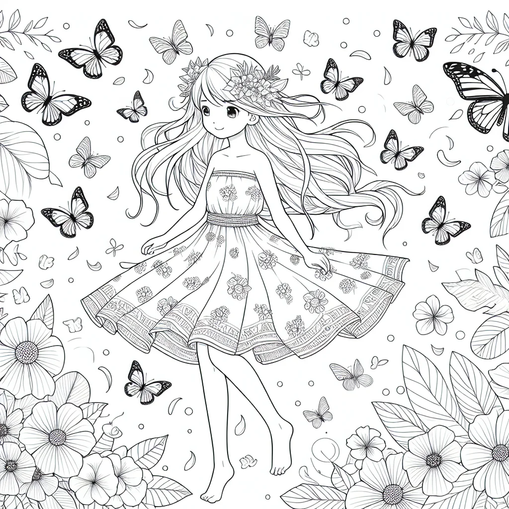 Mirabel from Encanto with butterflies and tropical flowers coloring page for kids a imprimer