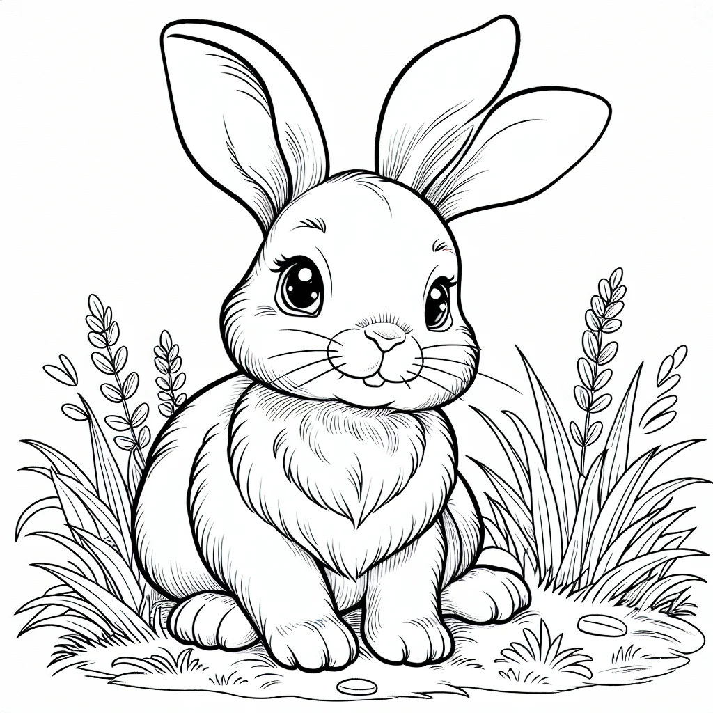 Cute rabbit sitting in grass with big ears coloring page for kids a imprimer