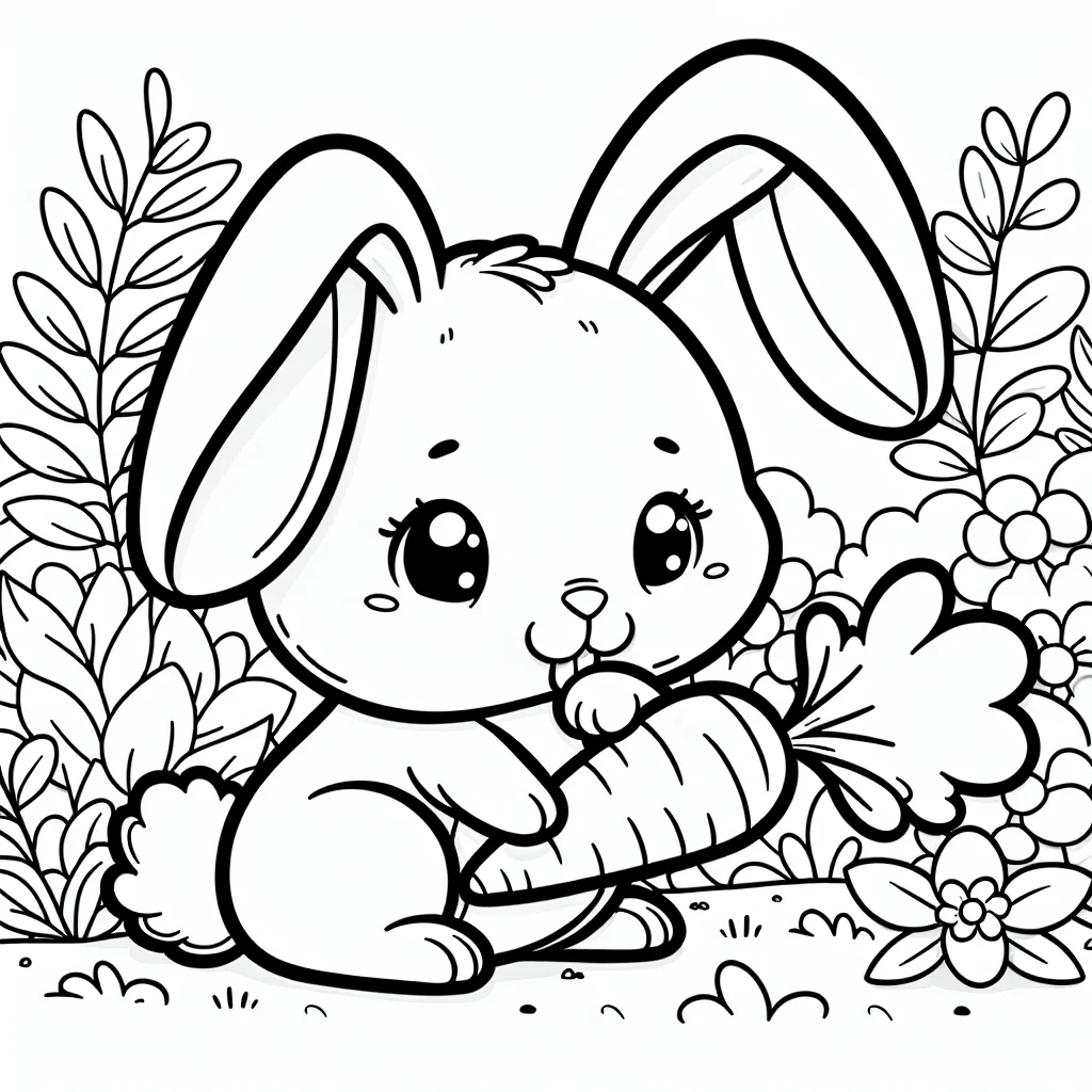 Rabbit eating a carrot in a garden coloring page for kids a imprimer