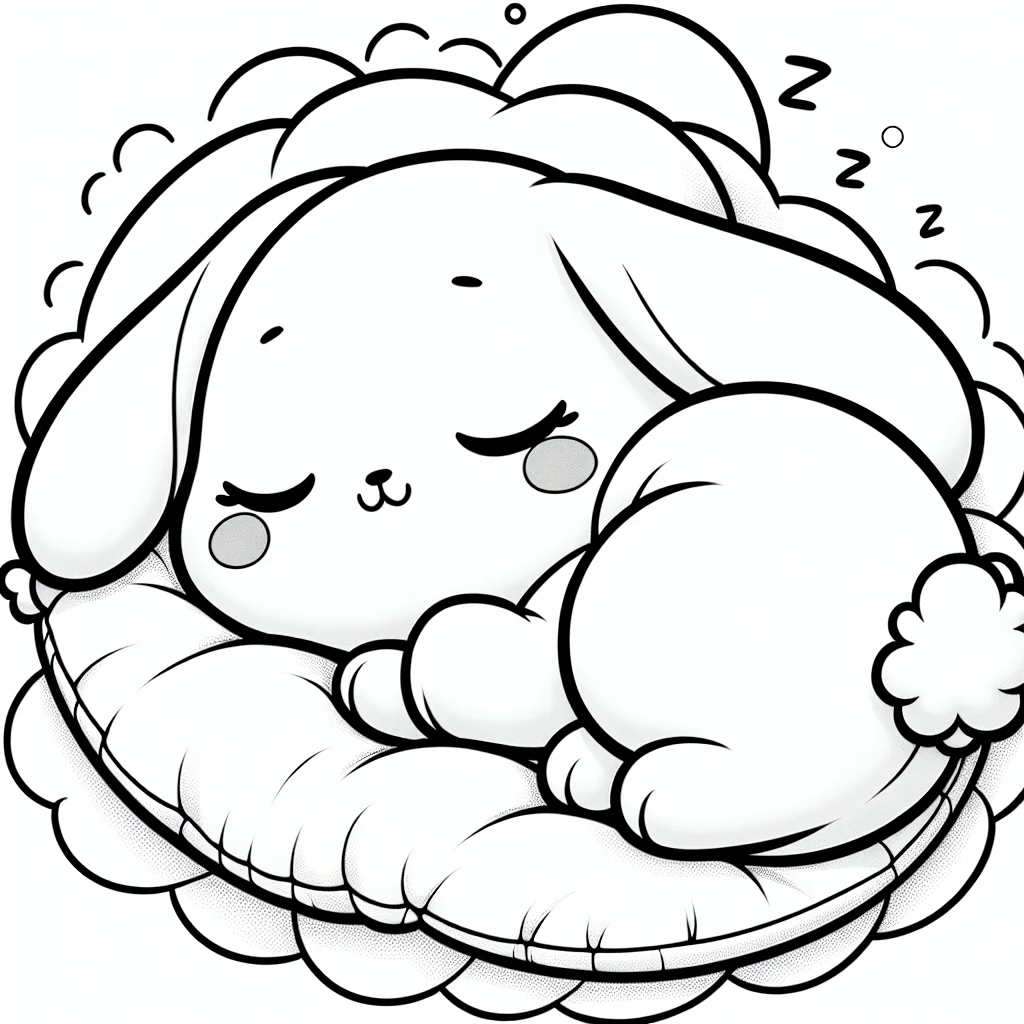 Kawaii rabbit sleeping on a cushion coloring page for kids a imprimer