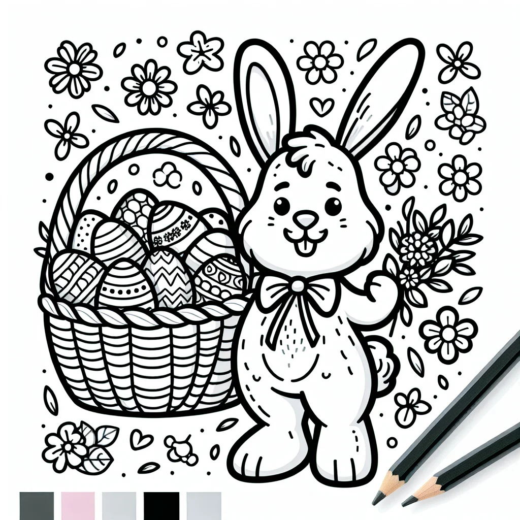 Easter bunny carrying basket of decorated eggs coloring page for kids a imprimer