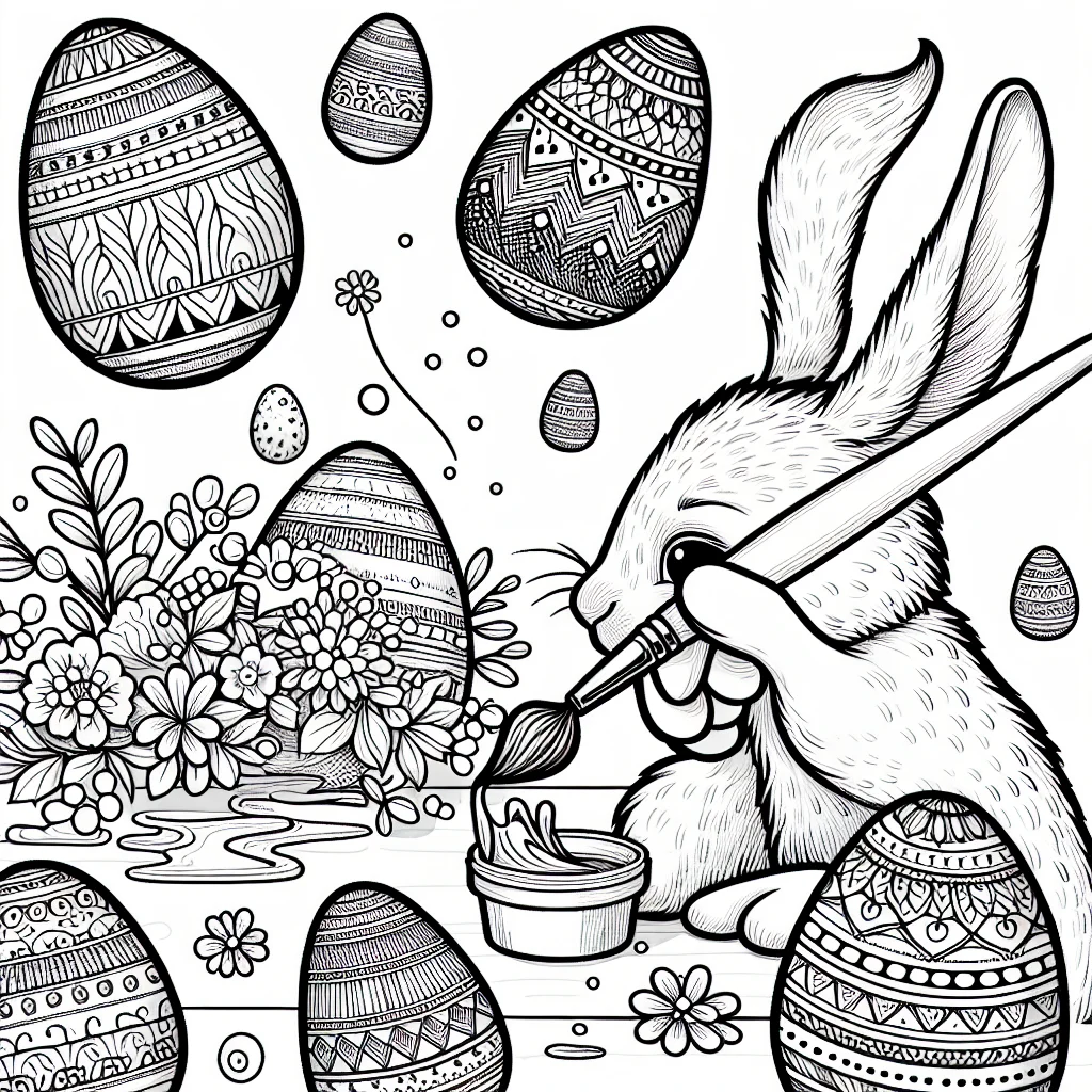 Rabbit painting Easter eggs with a brush coloring page for kids a imprimer
