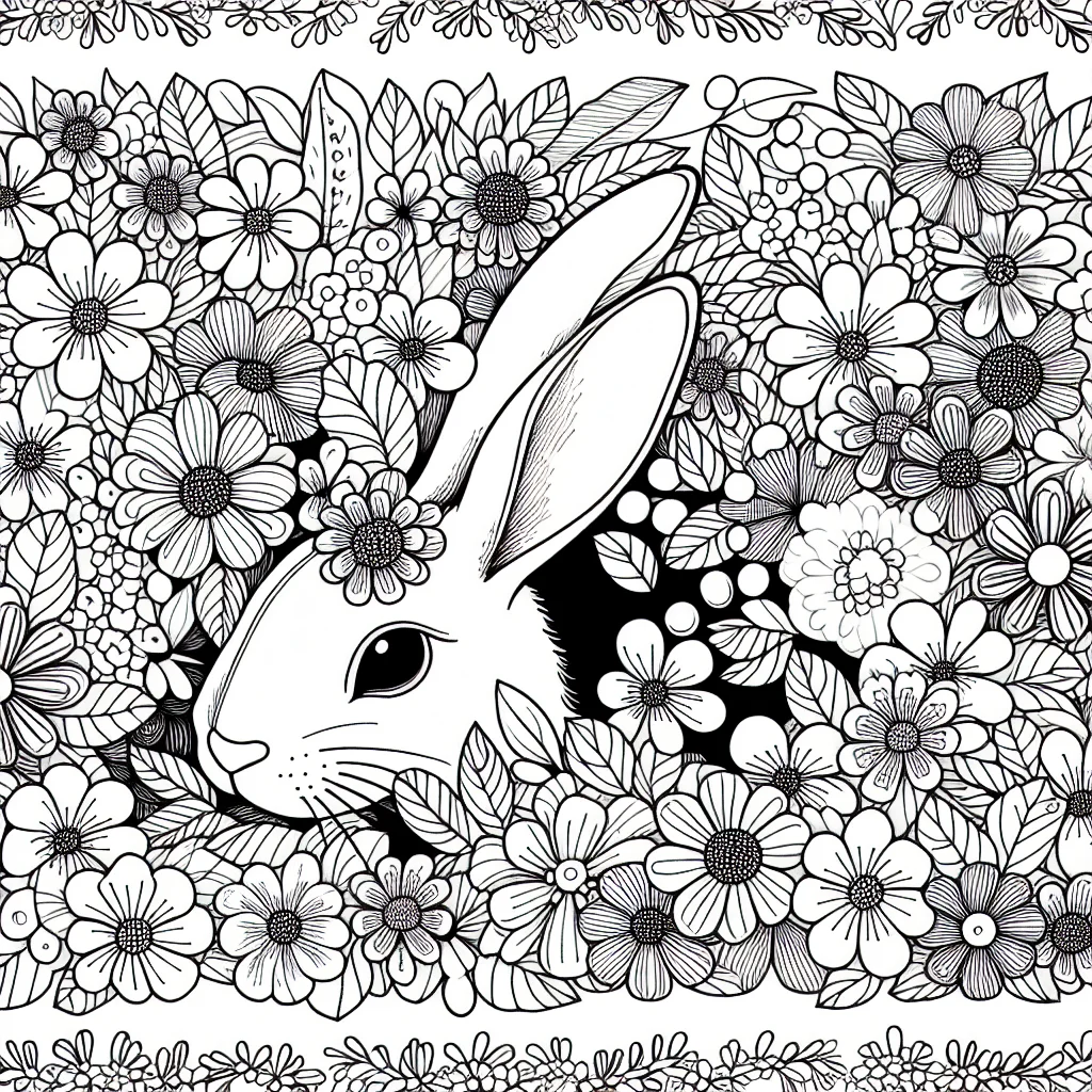 Rabbit hidden in a spring flower field coloring page for kids a imprimer