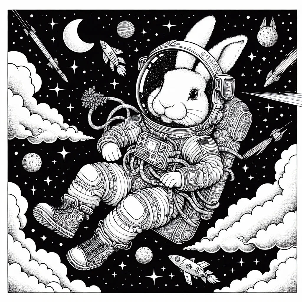 Rabbit astronaut floating in space with spacesuit coloring page for kids a imprimer
