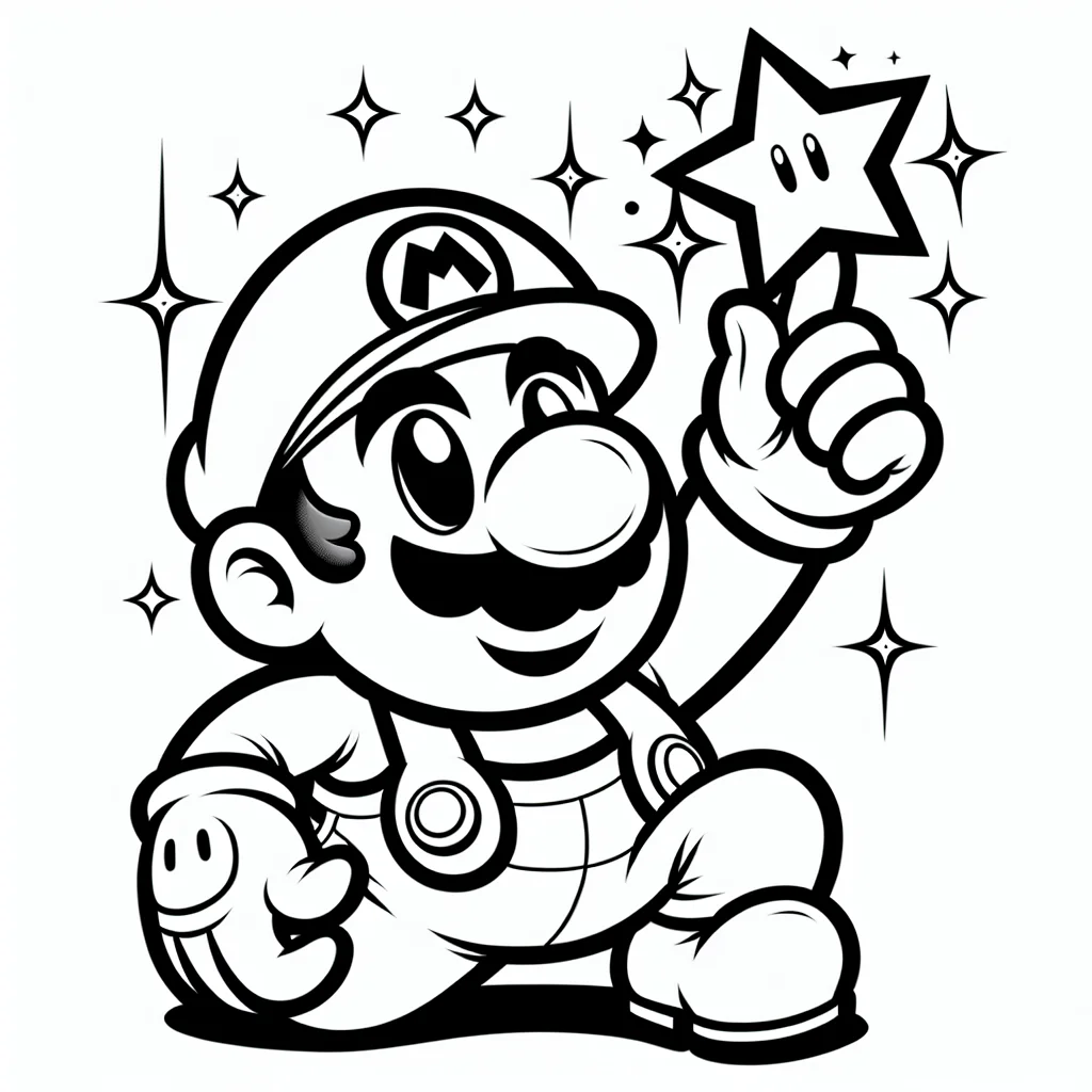 Mario catching a super star coloring page for kids a imprimer