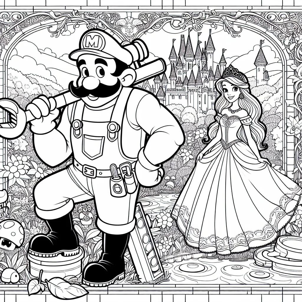 Luigi and Peach in the Mushroom Kingdom coloring page for kids a imprimer