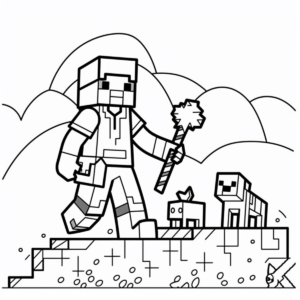 Steve avec epee et mobs Minecraft coloriage a imprimer