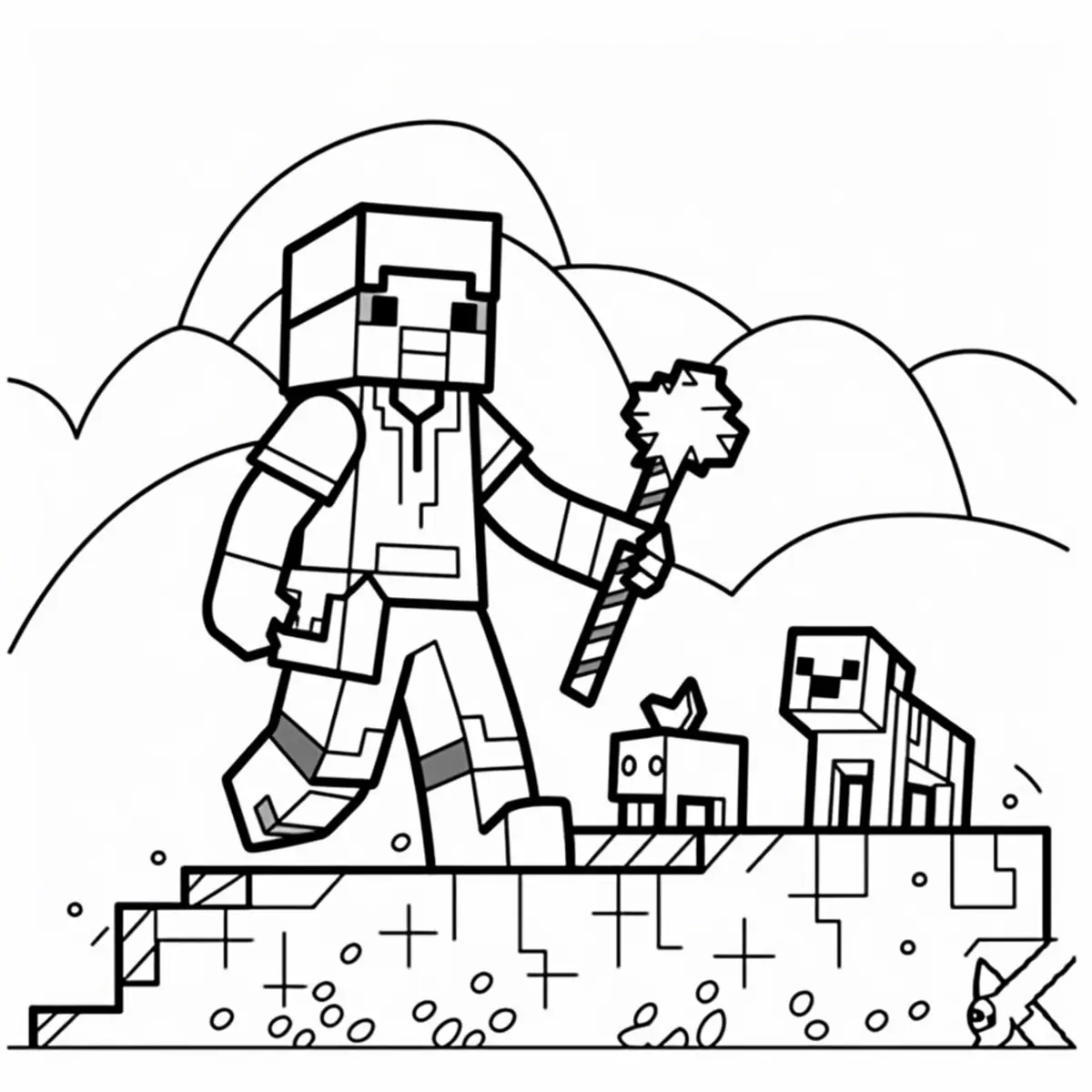 Steve avec epee et mobs Minecraft coloriage a imprimer