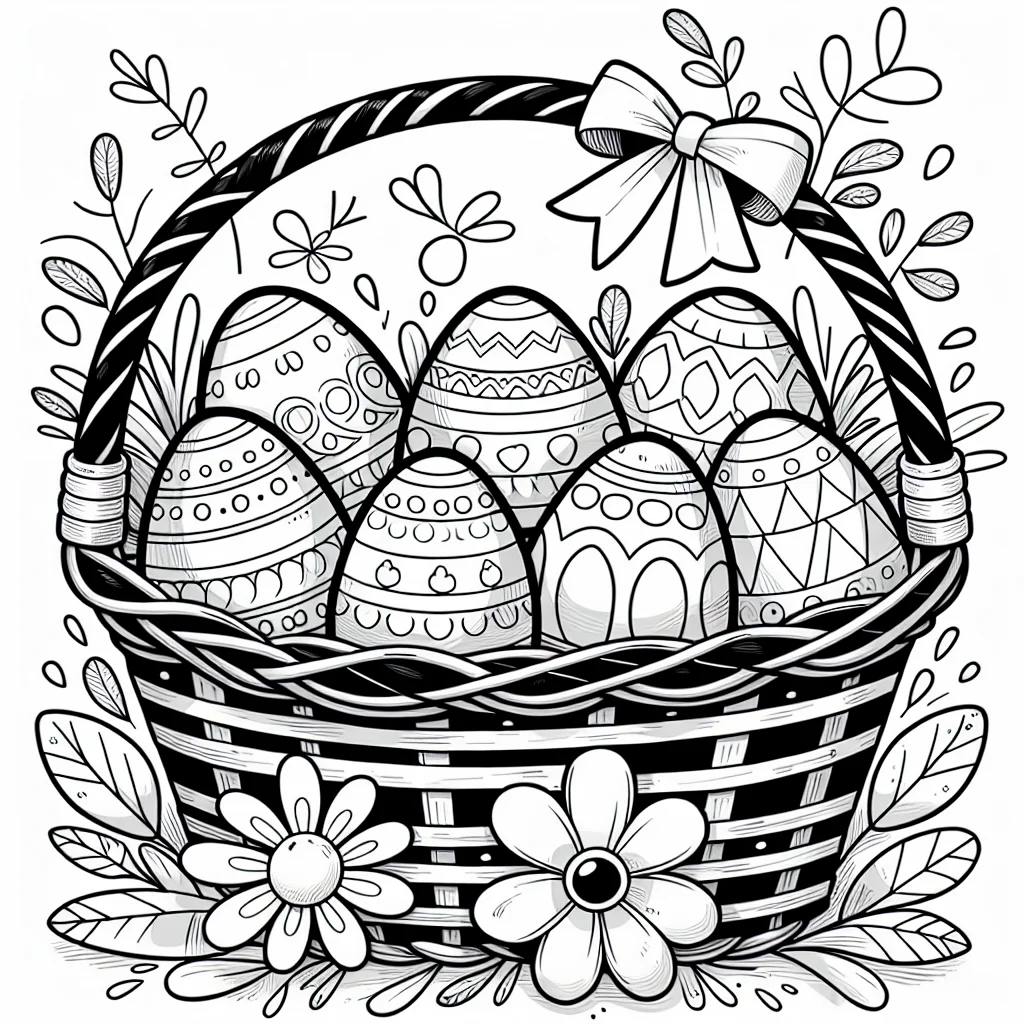 Coloriage panier de Pâques rempli d'œufs à imprimer