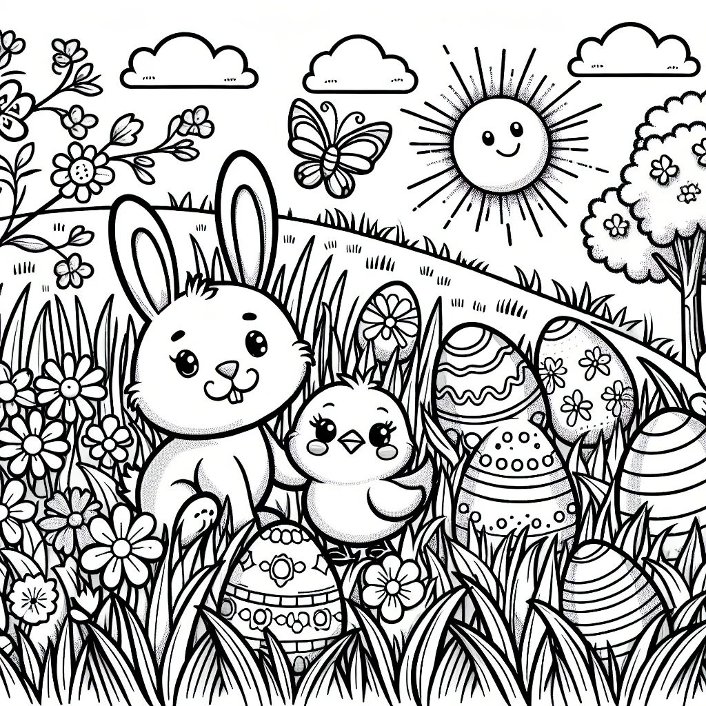 Coloriage scène printanière de Pâques à imprimer