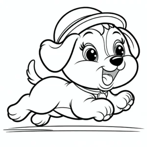 a cartoon puppy dog running happily, the dog has exactly FOUR legs like a real dog, no extra limbs, cute round face with a small hat, full body visible from the side a imprimer