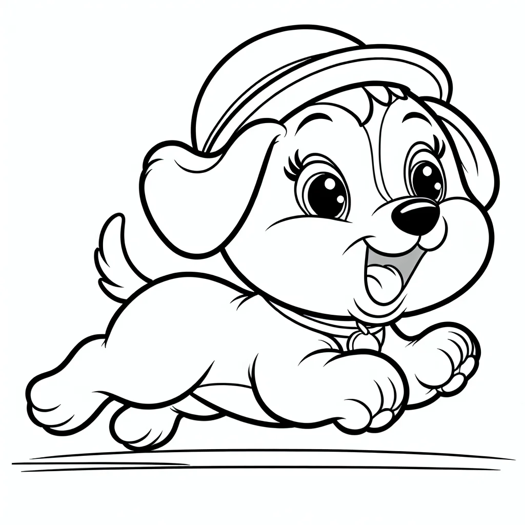 a cartoon puppy dog running happily, the dog has exactly FOUR legs like a real dog, no extra limbs, cute round face with a small hat, full body visible from the side a imprimer