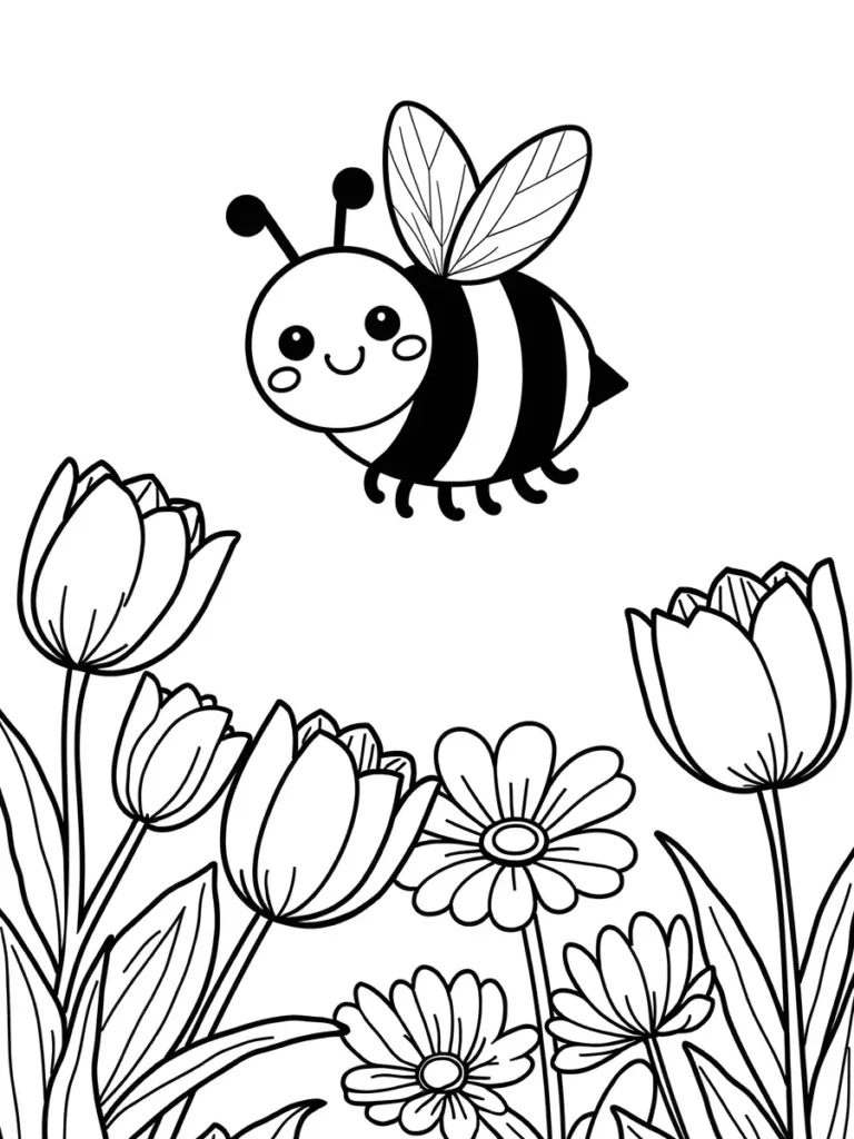 Coloriage abeille au-dessus des tulipes et des marguerites à imprimer