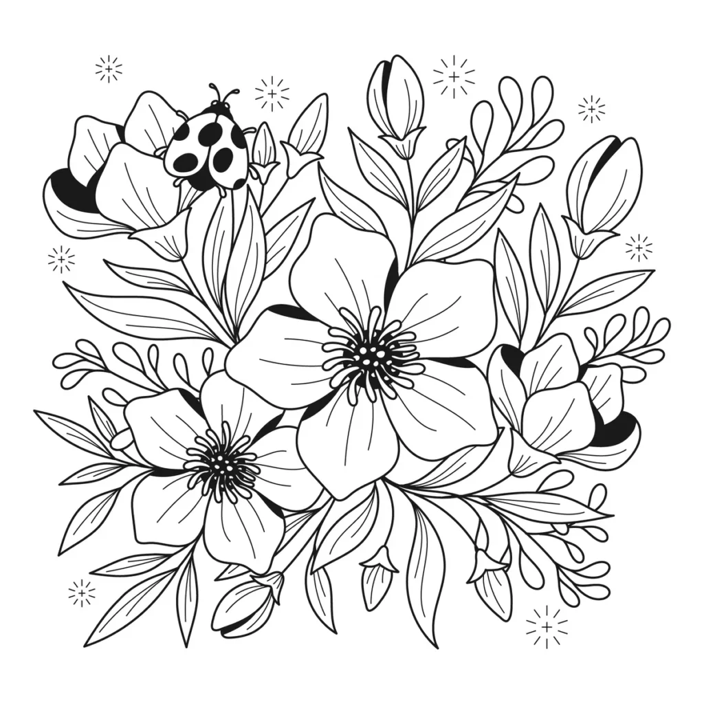 Coloriage composition de fleurs avec une coccinelle à imprimer