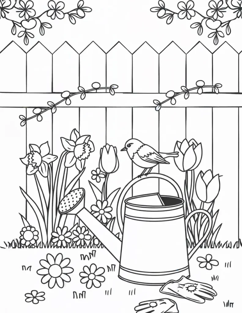 Coloriage jardin de printemps avec barrière, arrosoir et oiseau à imprimer