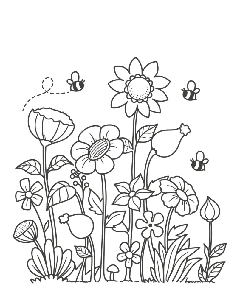 Coloriage jardin de fleurs et d'abeilles très détaillé à imprimer