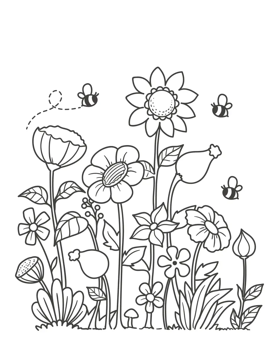 Coloriage printemps jardin doodle avec grandes fleurs coquelicots tournesols et abeilles style hand drawn a imprimer