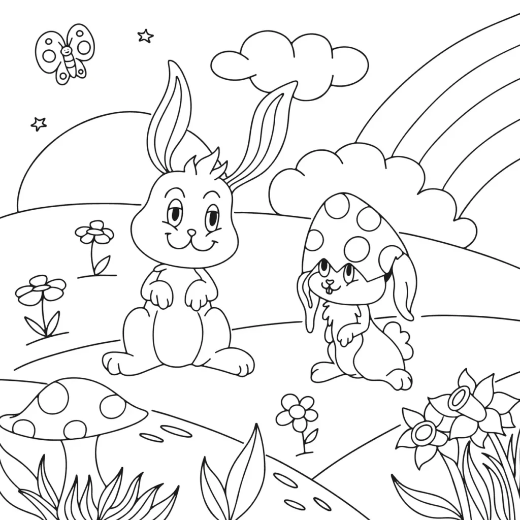 Coloriage lapin joyeux avec sa carotte sous le soleil à imprimer