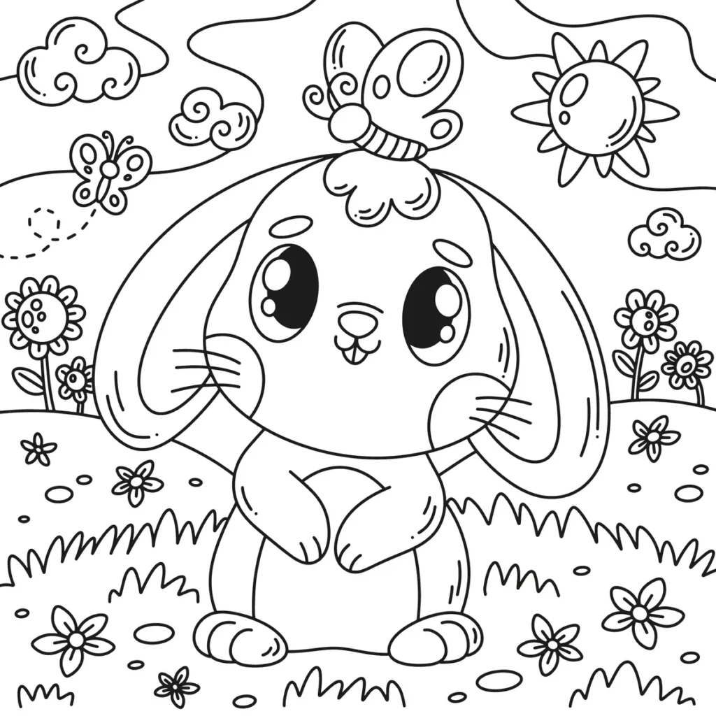 Coloriage lapin sous le soleil avec un papillon à imprimer