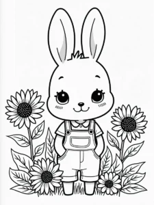 Coloriage printemps lapin mignon en salopette debout au milieu de quatre grands tournesols a imprimer