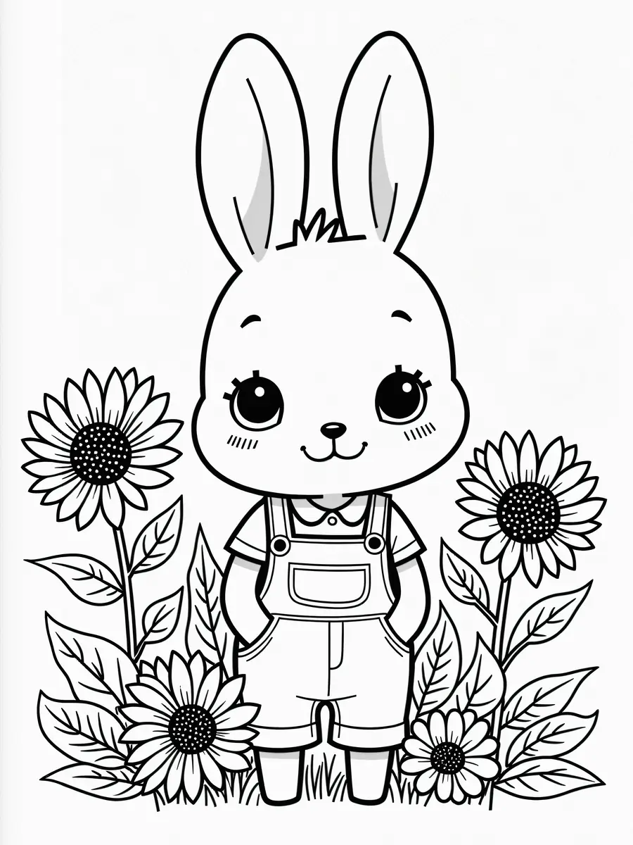 Coloriage printemps lapin mignon en salopette debout au milieu de quatre grands tournesols a imprimer