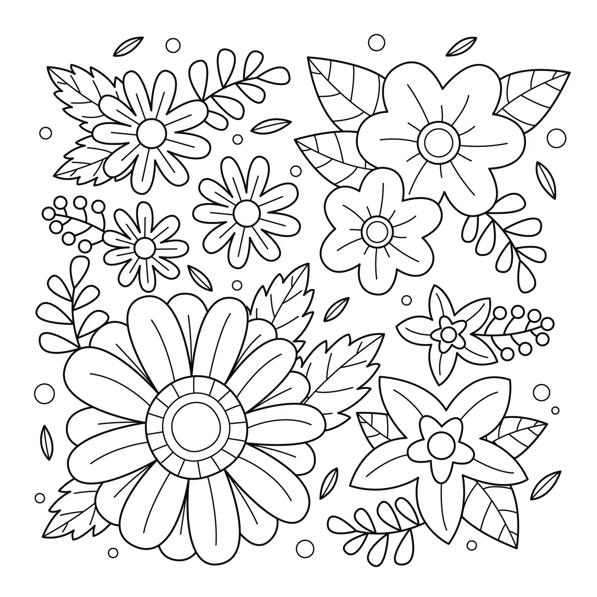 Coloriage printemps motif floral decoratif marguerites petites fleurs et feuilles sans personnage a imprimer