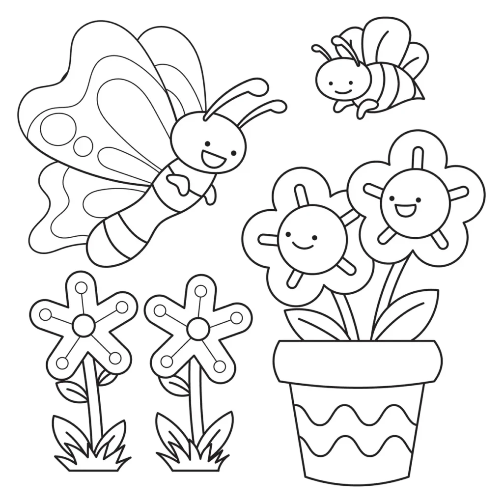 Coloriage papillon et abeille parmi les fleurs de printemps à imprimer